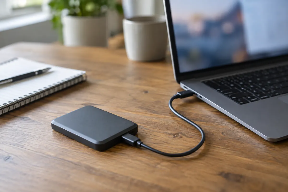 Externes Laufwerk über ein USB-Kabel mit einem Laptop verbunden