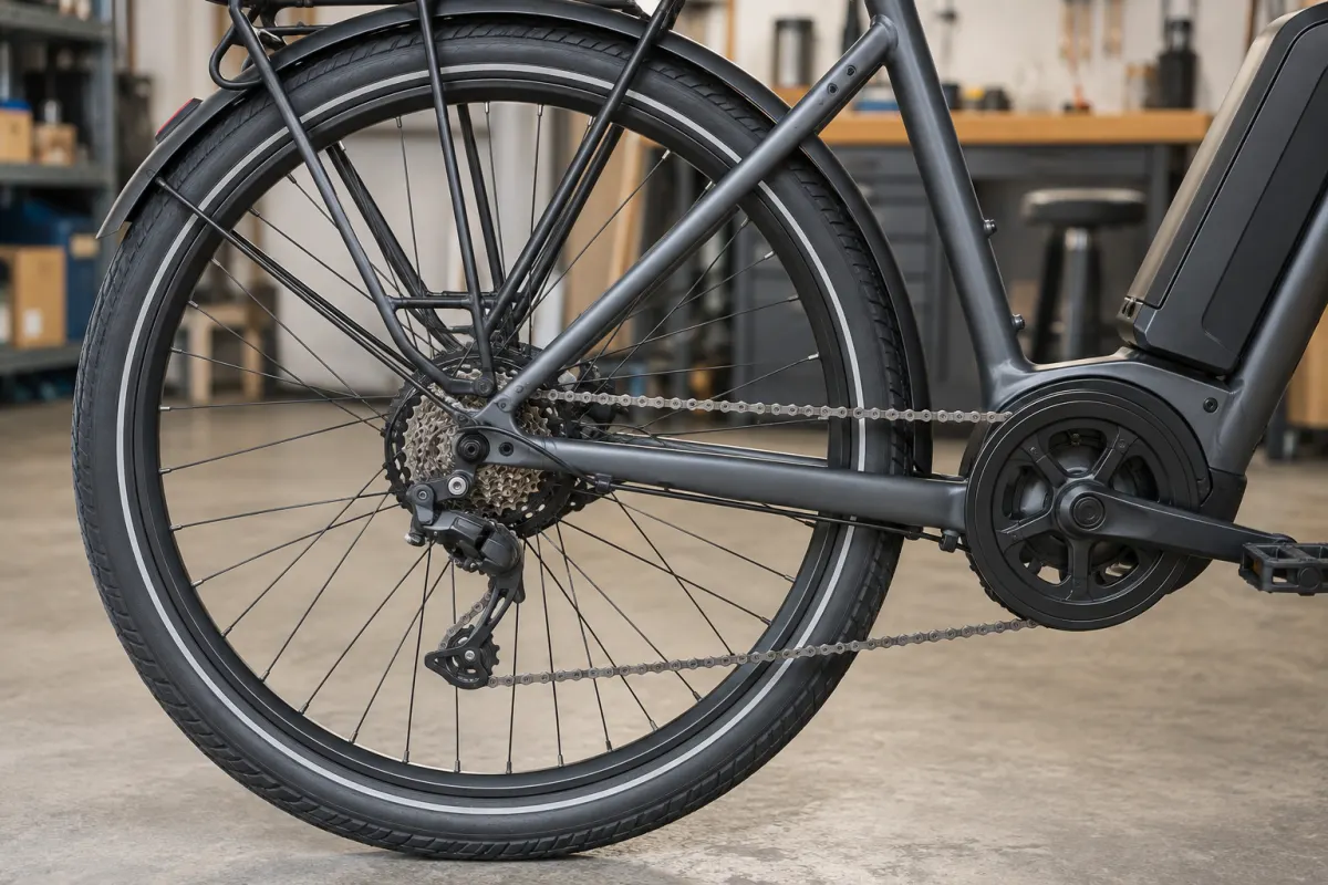 Hinterrad, Speichen und Kette eines abgestellten E-Bikes