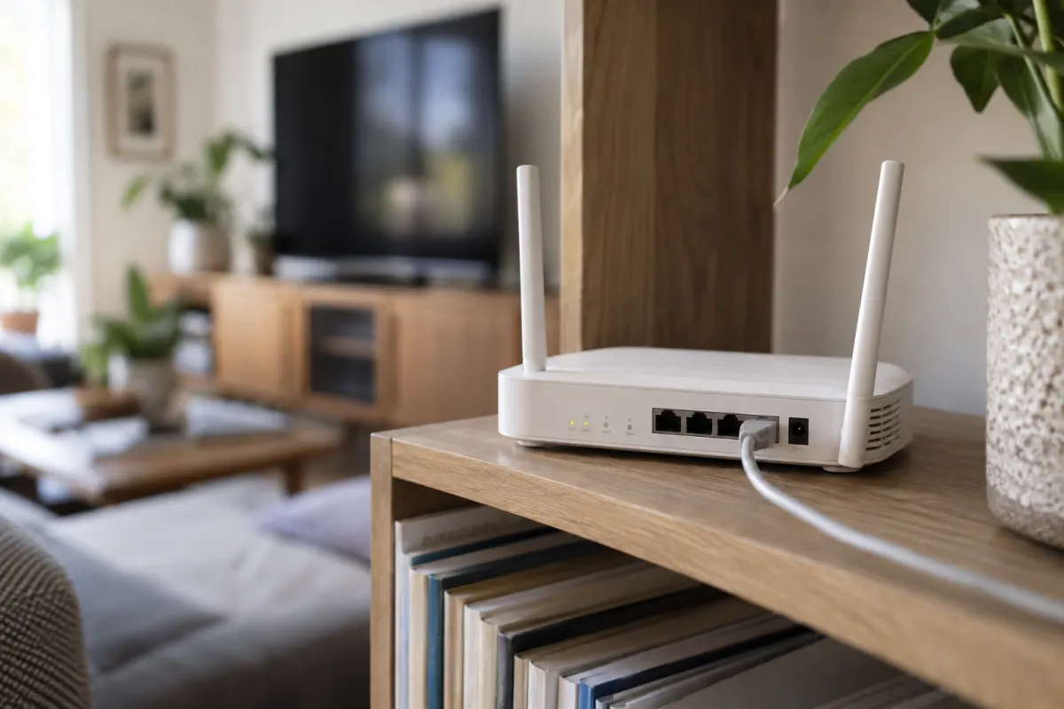 WLAN-Router mit Netzwerkkabel auf einem offenen Regal